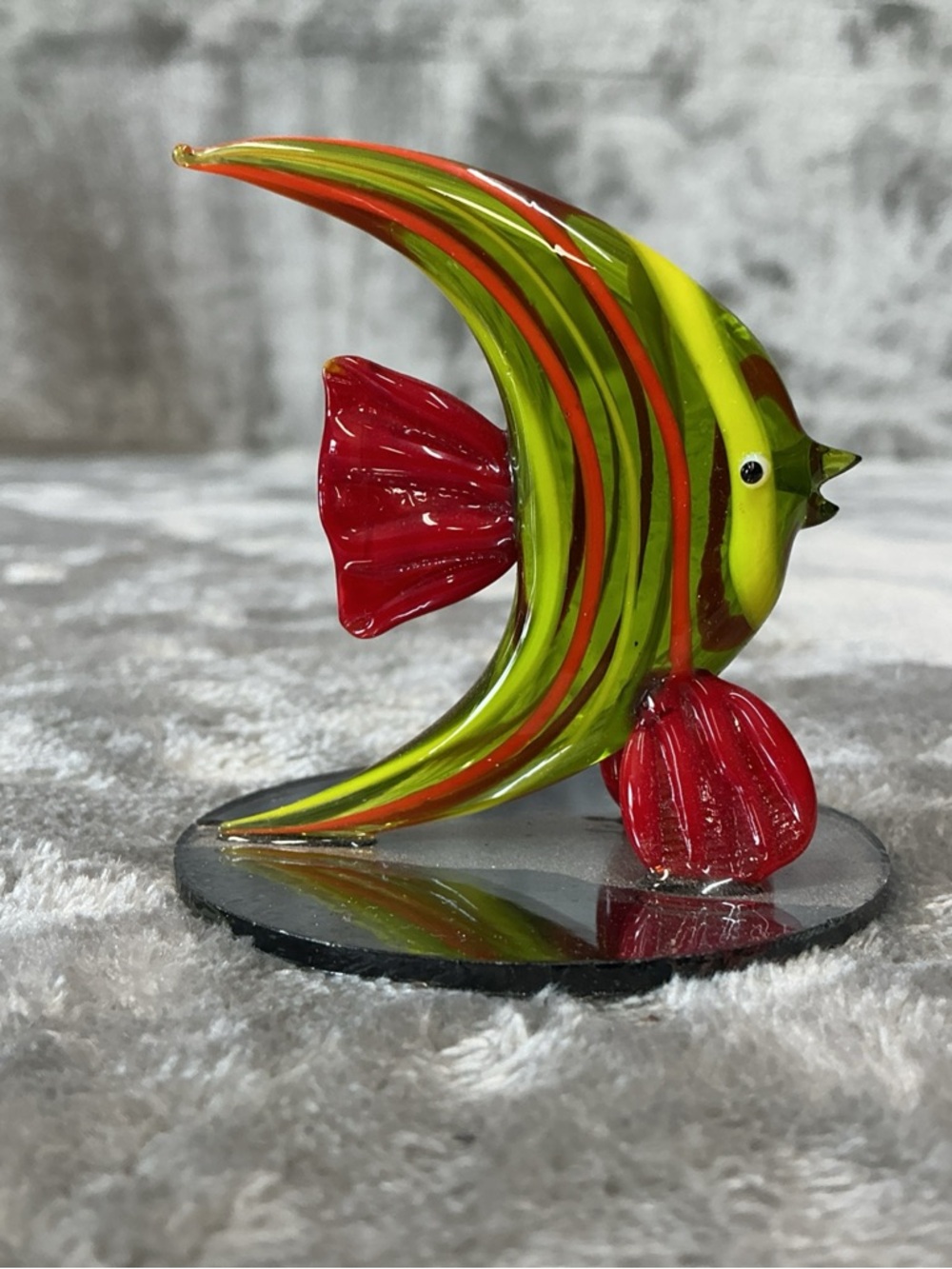 Hand Blown Glass Angel Fish multicolored on mirror base